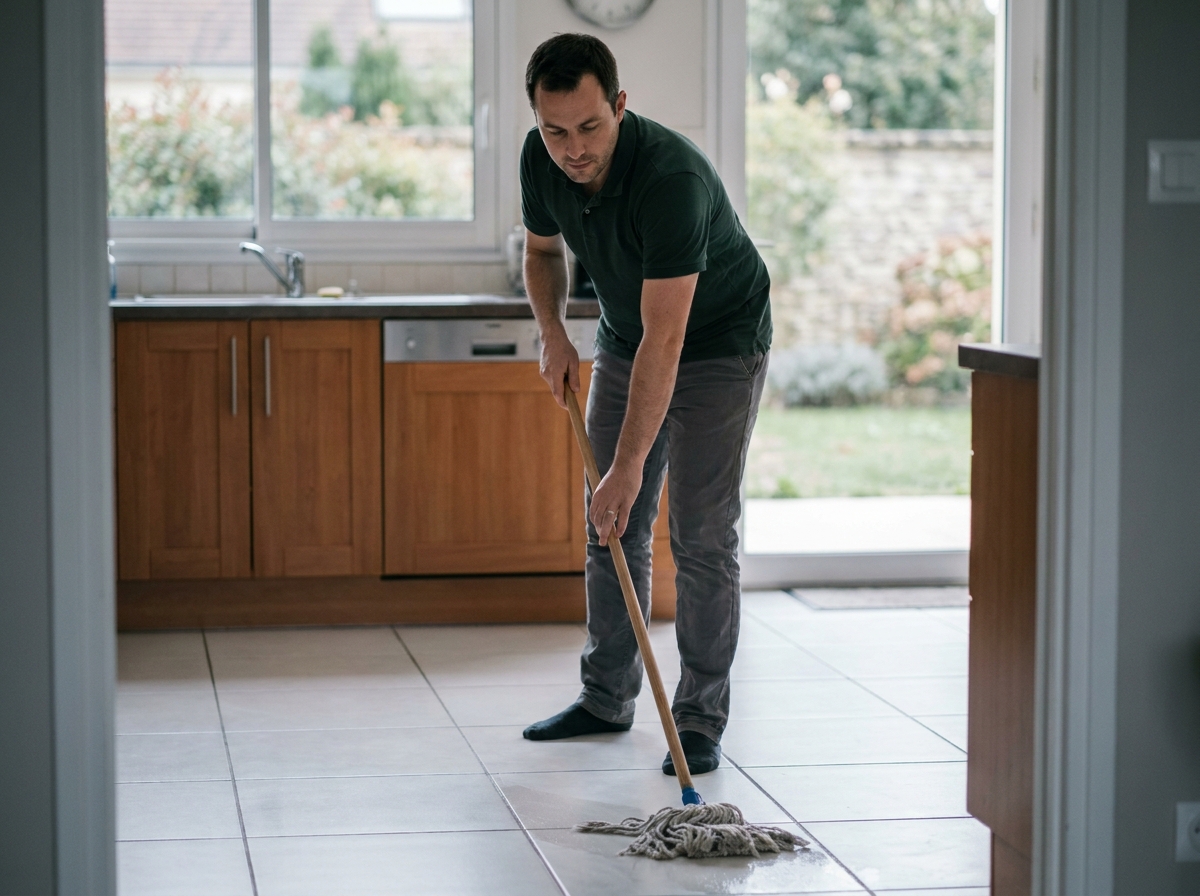 Agent d'entretien homme qui nettoie le sol d'une cuisine moderne dans une maison de banlieue parisienne