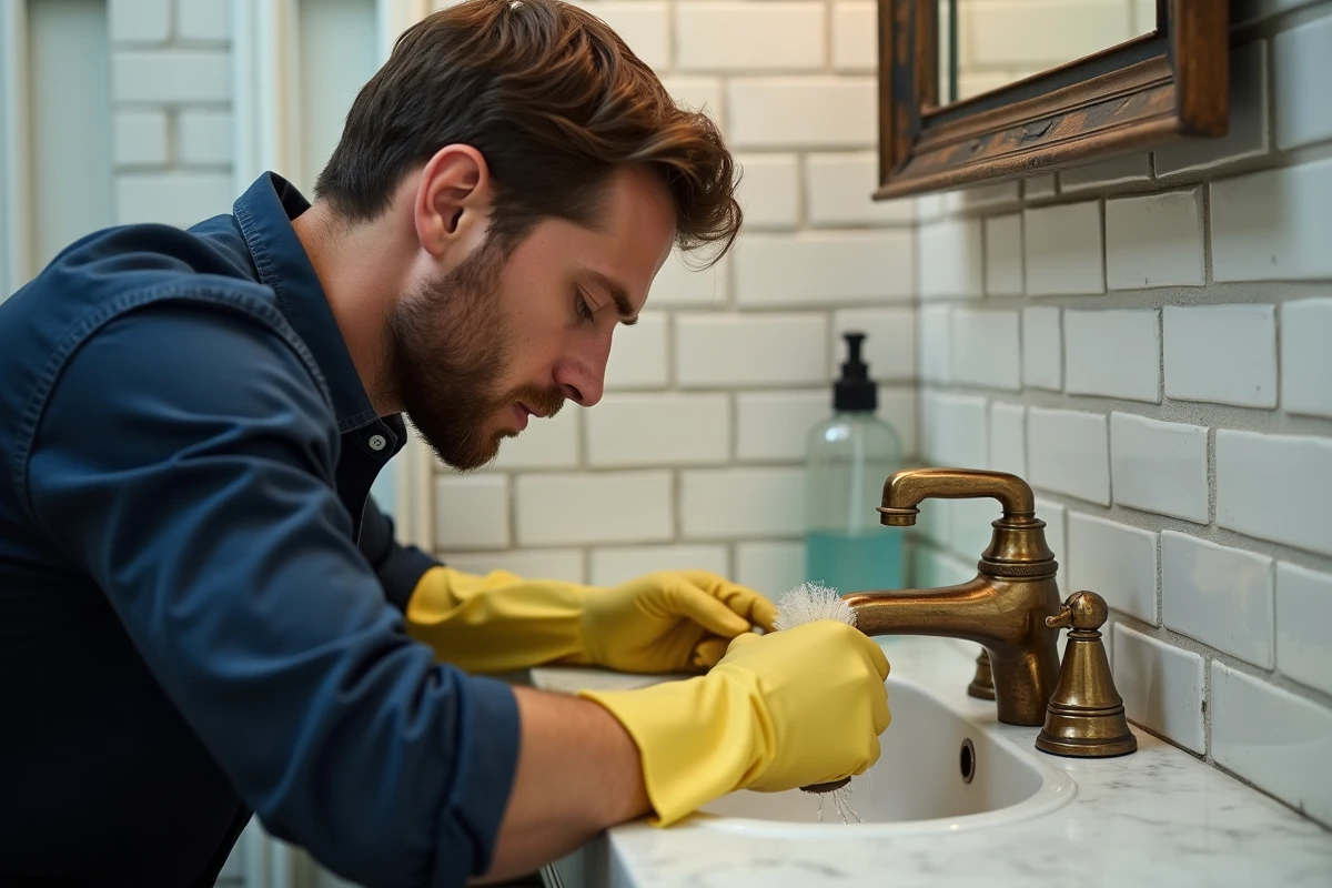Homme en train de polir un robinet en laiton vintage dans une salle de bain avec une brosse et un produit nettoyant