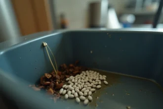 Gros plan sur un nid de mouche avec des œufs blancs regroupés dans un coin de poubelle de cuisine