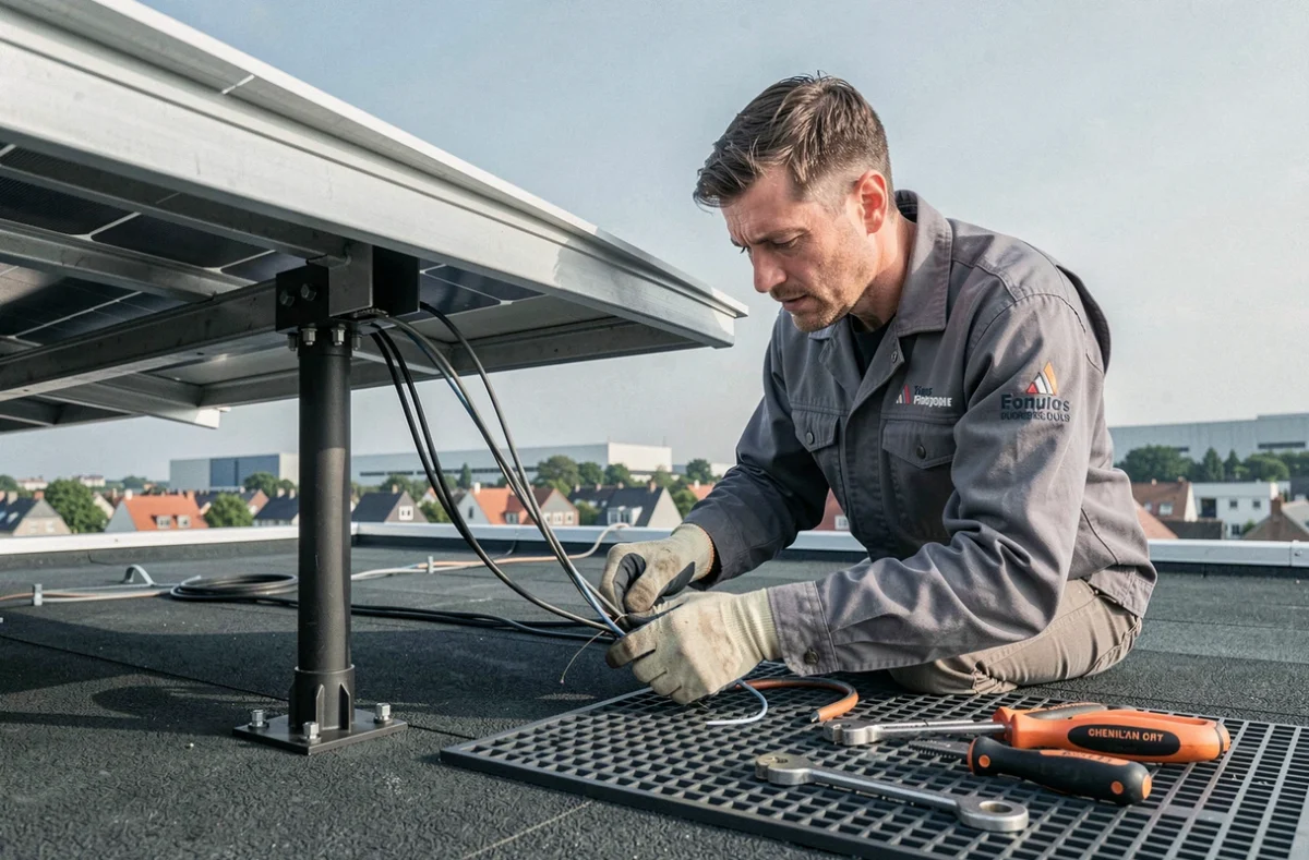 Technicien de NS Energies réalisant le câblage d'une installation photovoltaïque sur un toit commercial près de Tours
