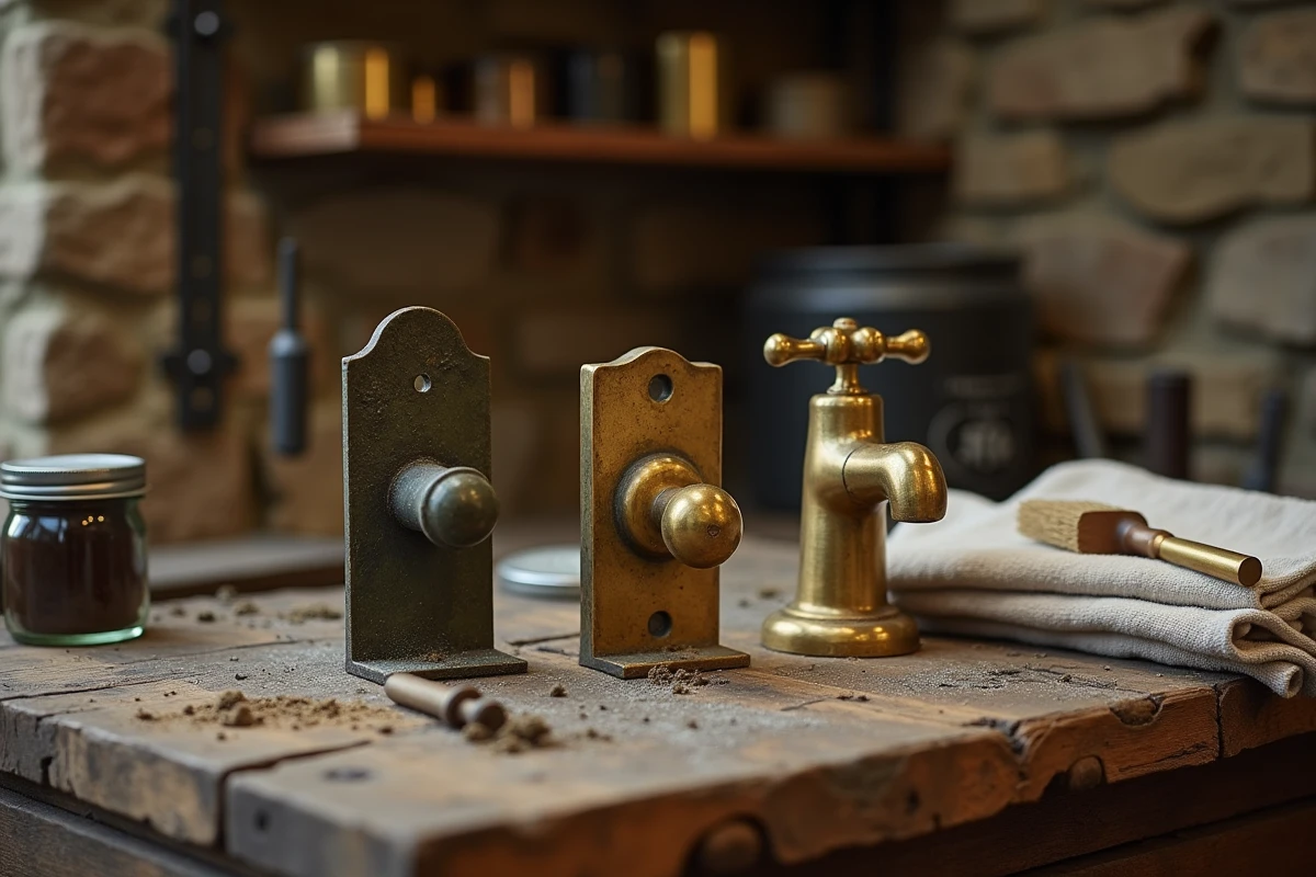 Comparaison de trois objets en laiton à différents stades de polissage posés sur un établi en bois dans un atelier
