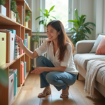 Jeune femme organise des boîtes colorées dans un appartement lumineux