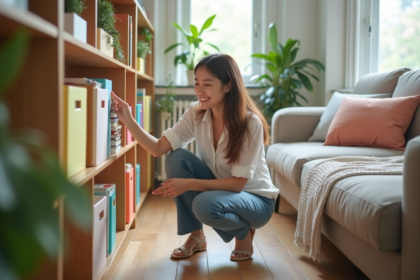 Jeune femme organise des boîtes colorées dans un appartement lumineux