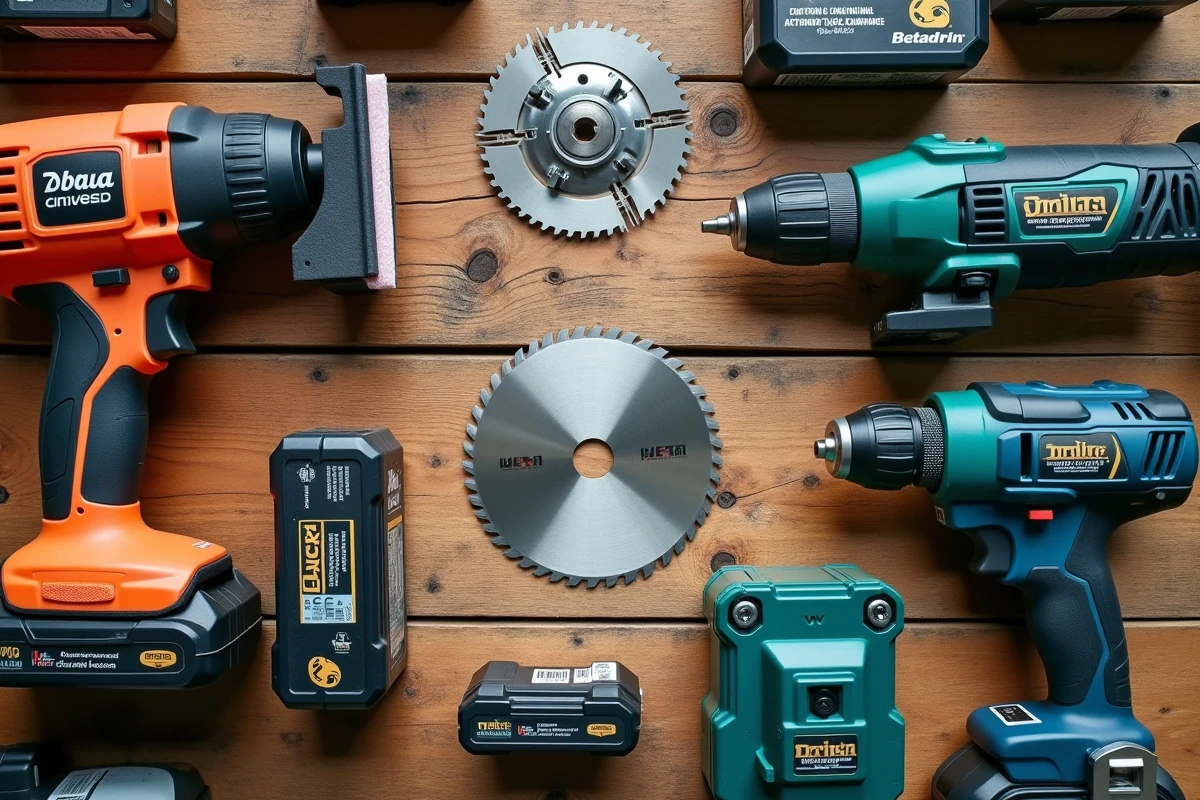 Vue à plat d'outils électroportatifs Parkside et de marques professionnelles comparés côte à côte sur un établi