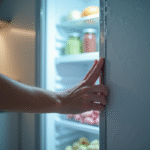 Personne ouvrant un freezer dans une cuisine moderne