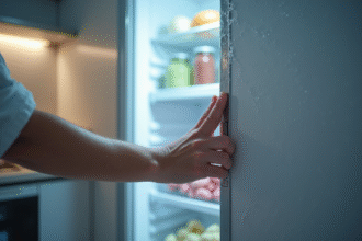 Personne ouvrant un freezer dans une cuisine moderne