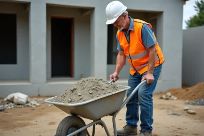 Ouvrier de construction vérifiant un mélange de béton sur un site extérieur