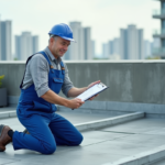 Ouvrier en overalls bleus sur un toit urbain inspectant les matériaux