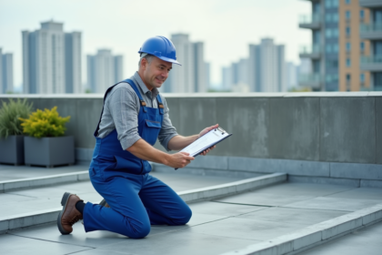 Ouvrier en overalls bleus sur un toit urbain inspectant les matériaux