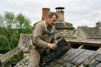 Homme en tenue de travail examine des tuiles en ardoise sur un toit ancien