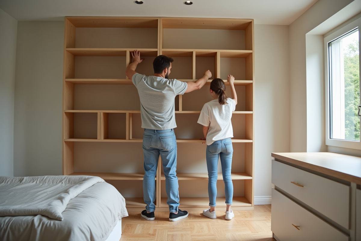 Jeune père et fille organisent des étagères dans une pièce neuve