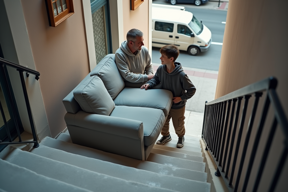 Père et fils démenageant un canapé dans une cage d