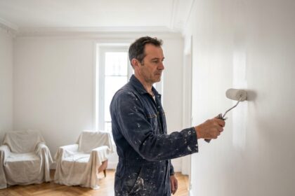 Peintre professionnel appliquant du blanc sur un mur intérieur