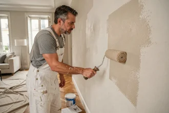 Peintre professionnel appliquant de la peinture intérieure au rouleau dans un appartement moderne, avec un devis au sol