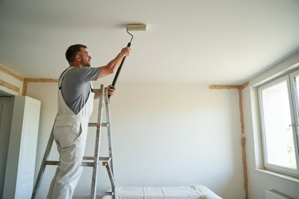 Peintre professionnel appliquant de la peinture blanche au rouleau sur un plafond de salon de 50m2 depuis un échafaudage