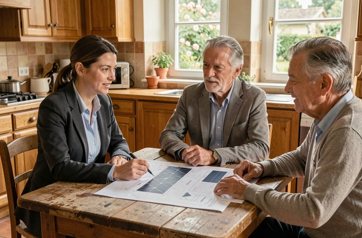 Conseillère de Phebeos Conseils présentant un projet d'installation solaire à un couple de propriétaires dans leur cuisine