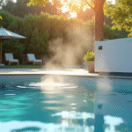 Piscine extérieure moderne avec pompe à chaleur élégante en matinée
