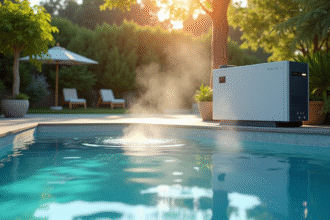Piscine extérieure moderne avec pompe à chaleur élégante en matinée