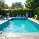 Jardin moderne avec piscine et technicien en action