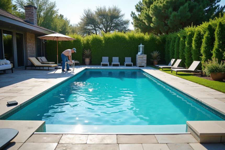 Jardin moderne avec piscine et technicien en action