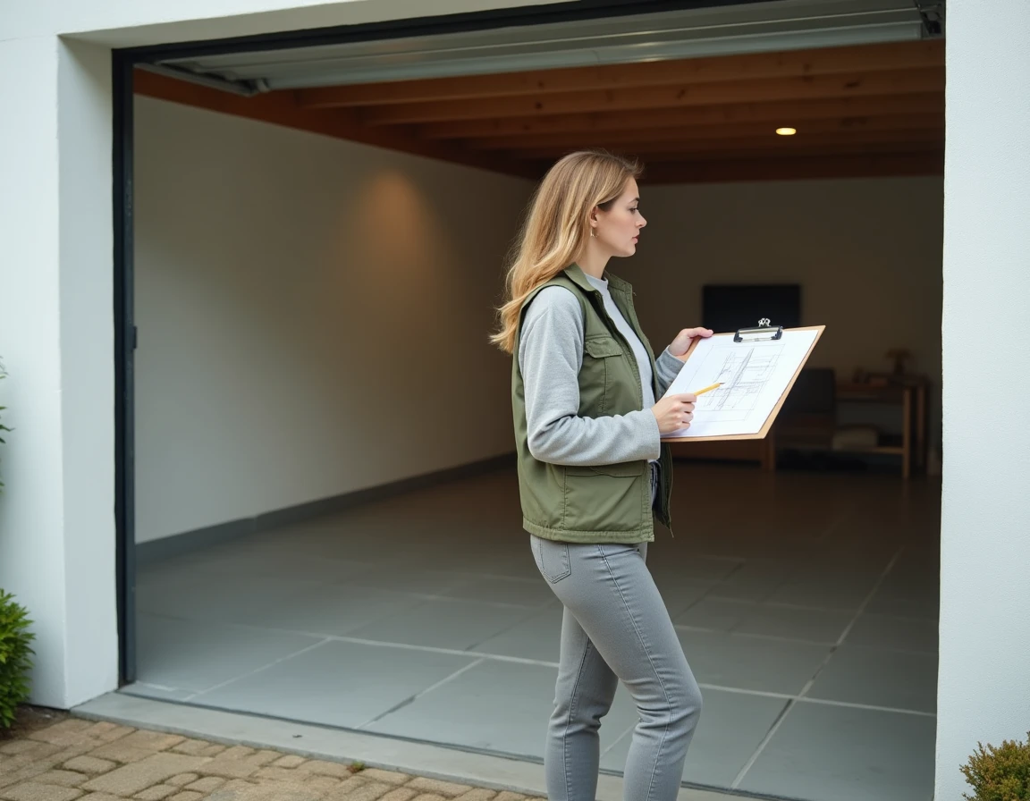 Femme consultant des plans de mesures sur un clipboard devant une grande porte de garage double ouverte dans un jardin résidentiel