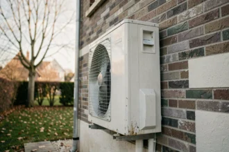 Pompe à chaleur air-eau installée sur le mur extérieur d'une maison individuelle en automne