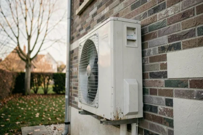 Pompe à chaleur air-eau installée sur le mur extérieur d'une maison individuelle en automne