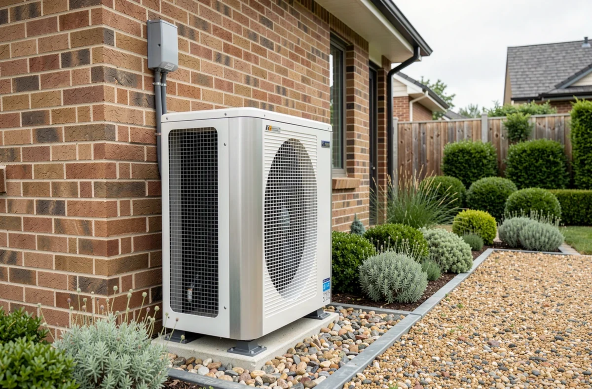 Pompe à chaleur air-eau installée sur la façade extérieure d'une maison individuelle moderne