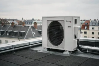 Pompe à chaleur installée sur le toit d'un immeuble en copropriété avec vue sur toits urbains