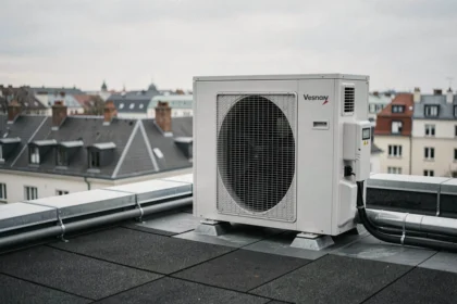 Pompe à chaleur installée sur le toit d'un immeuble en copropriété avec vue sur toits urbains