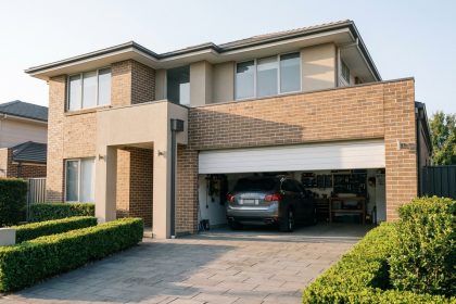 Porte de garage sectionnelle blanche en position mi-ouverte sur une maison pavillonnaire en brique avec SUV gris garé à l'intérieur