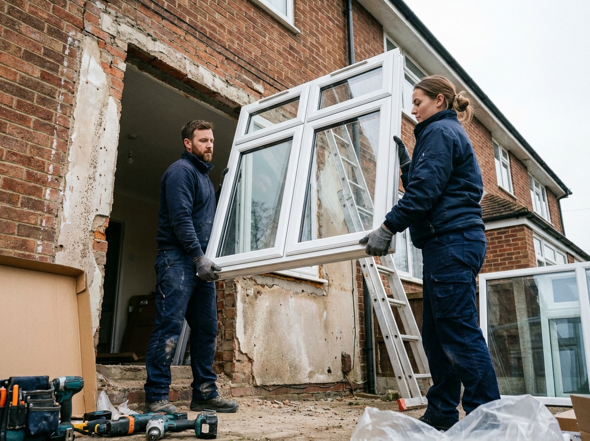 Deux techniciens posant une nouvelle fenêtre double vitrage en PVC sur la façade d'une maison individuelle