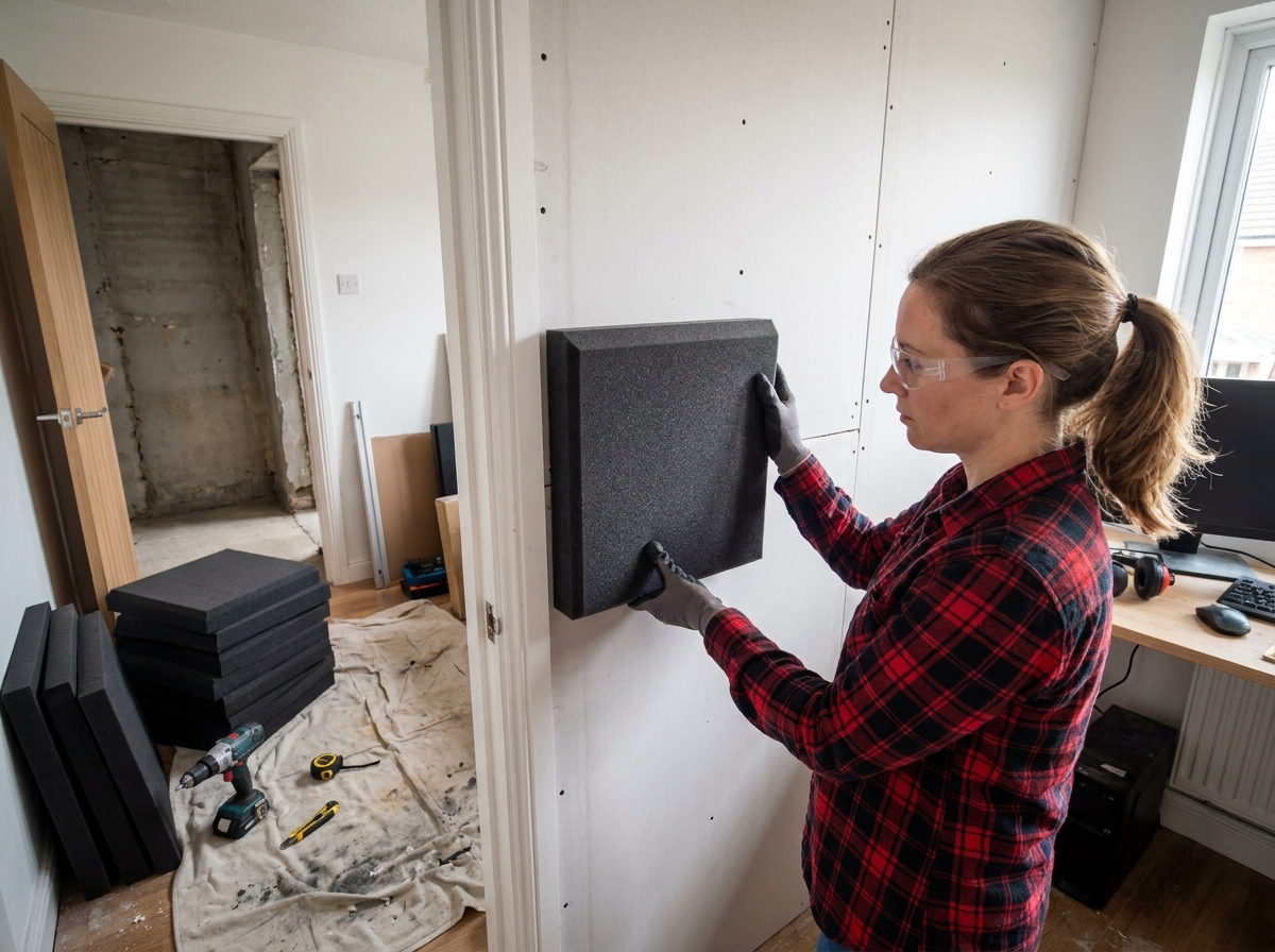 Femme posant des panneaux acoustiques sur une cloison en placo dans une pièce en rénovation
