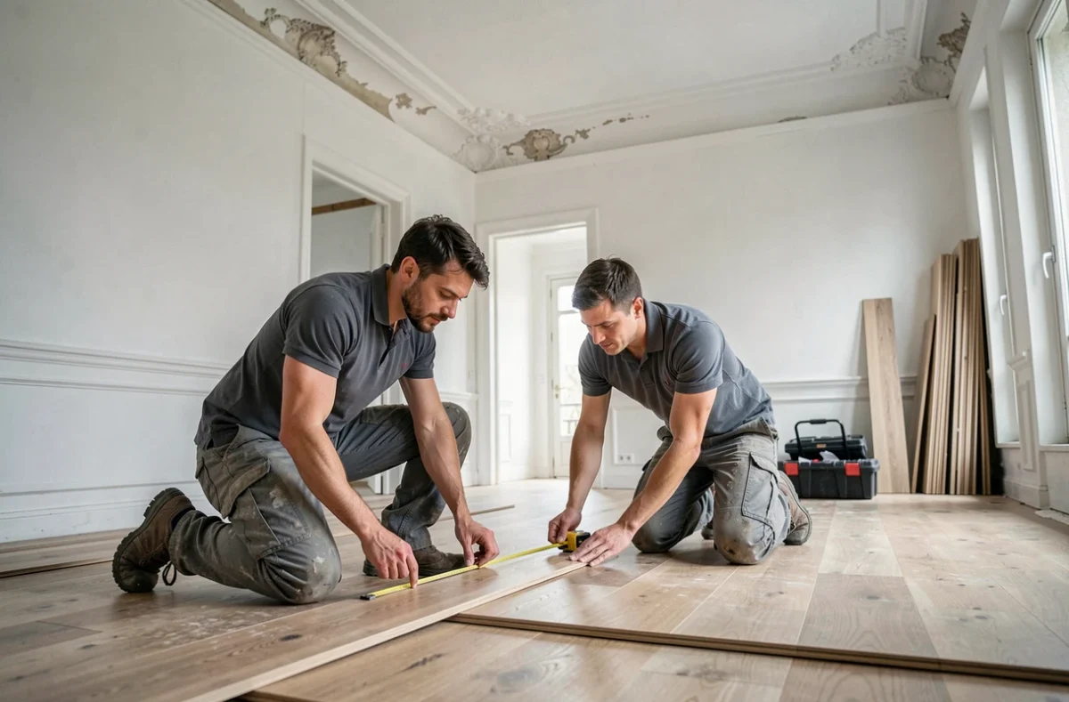 Deux artisans posant un parquet en bois dans un appartement en cours de rénovation à Nantes