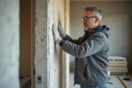 Ouvrier posant un panneau de placo isolé Leroy Merlin contre un mur en béton brut lors d'une rénovation intérieure