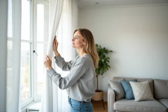 Femme installant des rideaux occultants sans percer les murs grâce à une tringle à tension dans un salon scandinave