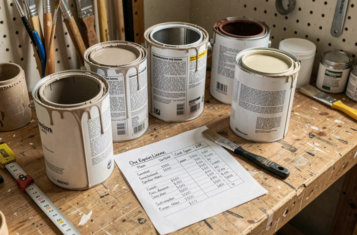 Pots de peinture intérieure ouverts avec un devis de prix au litre et au m² sur un établi de bricolage