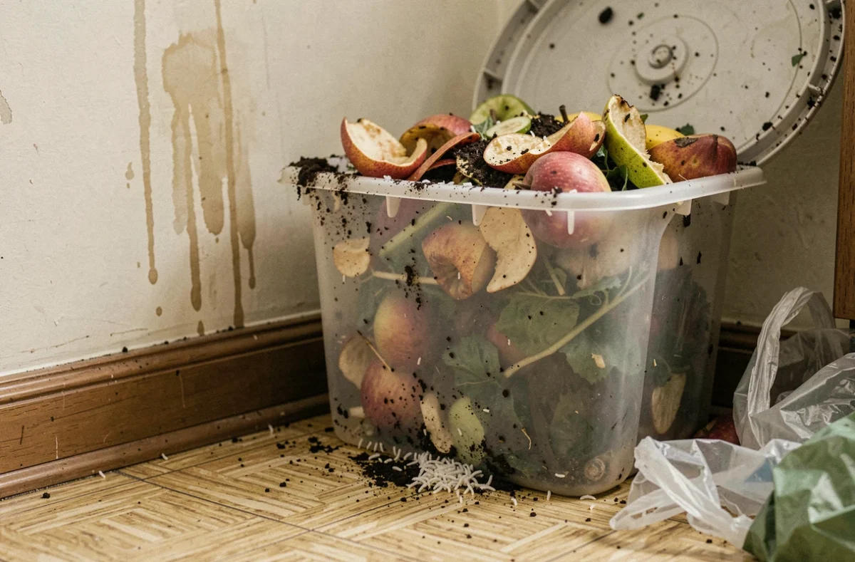 Poubelle de cuisine débordante avec présence de larves de mouche sur le rebord intérieur