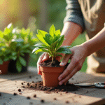 Mains préparant un rhododendron sur une table en bois