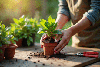 Mains préparant un rhododendron sur une table en bois