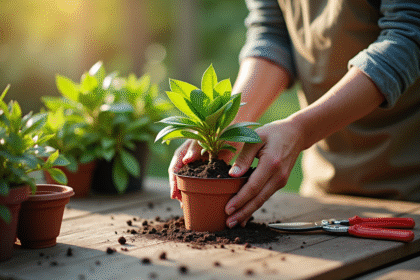 Mains préparant un rhododendron sur une table en bois