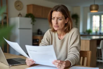 Propriétaire étudiant des documents d'assurance habitation pour une maison de 120m2 à une table en bois