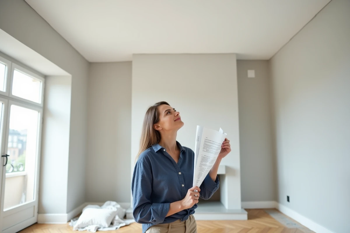 Propriétaire féminine inspectant un plafond peint en blanc dans un appartement rénové de 50m2 avec devis en main