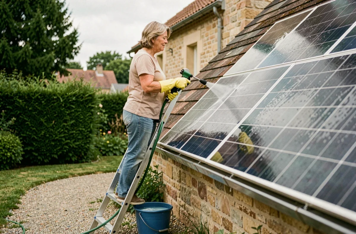 Propriétaire rinçant ses panneaux solaires depuis une échelle dans son jardin avec un tuyau d'arrosage