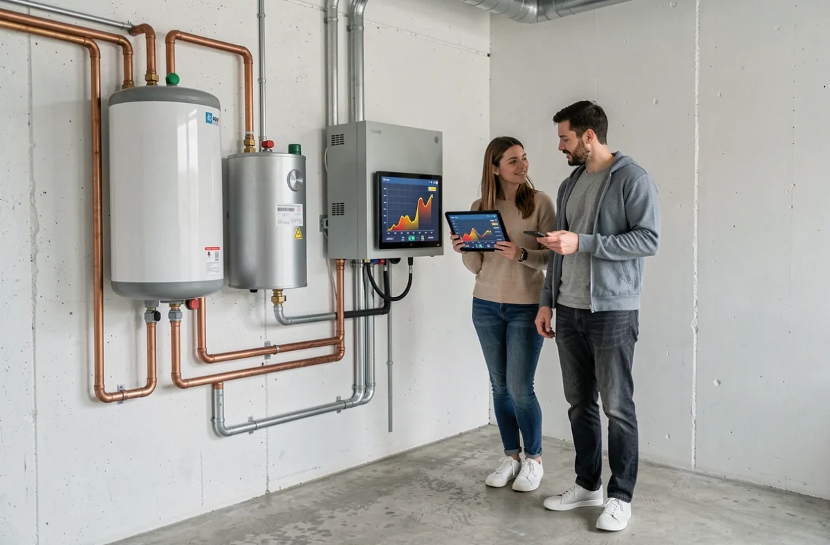 Couple de propriétaires consultant les données de leur système solaire hybride sur une tablette dans une chaufferie moderne