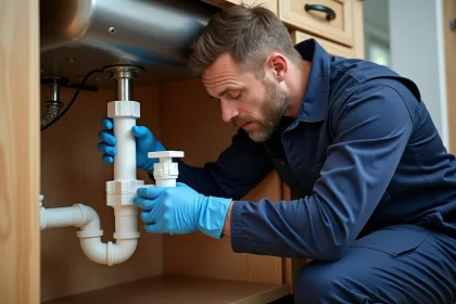 Plombier installant un raccord en T sur l'évacuation d'un lave-vaisselle sous un évier de cuisine