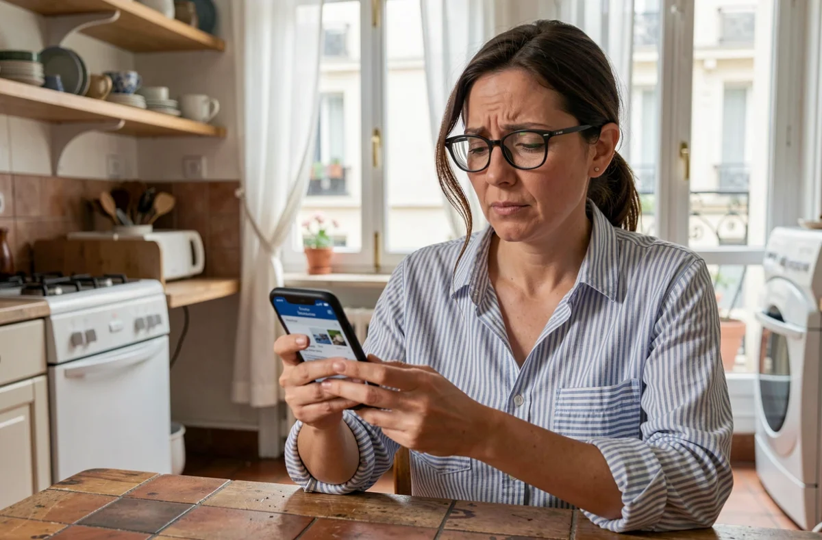 Femme recherchant un électricien d'urgence sur son smartphone dans une cuisine parisienne