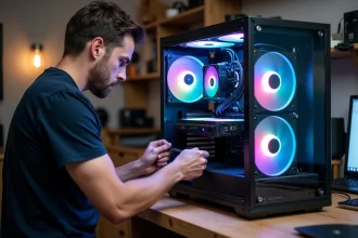 Technicien ajustant les ventilateurs d'entrée d'air d'un boitier PC aquarium posé sur un établi