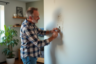 Homme d'âge moyen réparant un trou dans le mur du salon