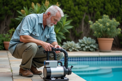 Homme d'âge moyen primant une pompe de piscine extérieure